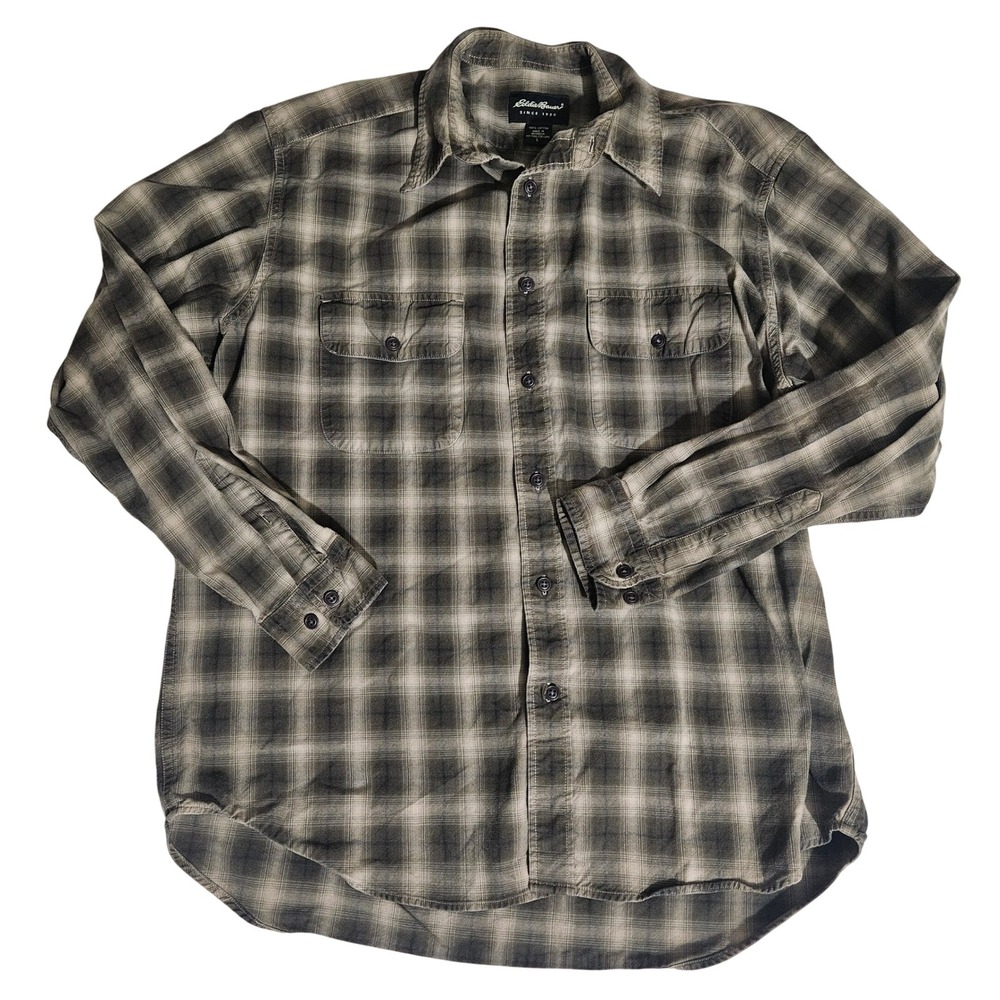 Eddie Bauer Mens Large Plaid Flannel Shirt Olive Green Brown Cotton Long Sleeve